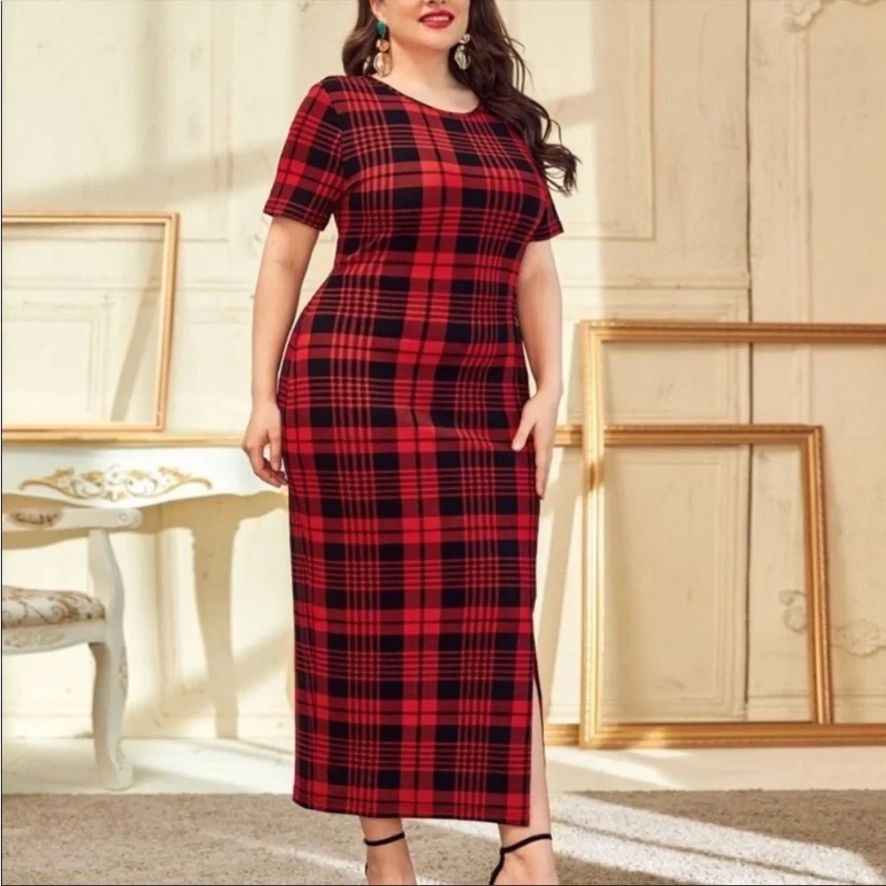 Shein plaid split hem bodycon, EUC - Picture 2 of 5